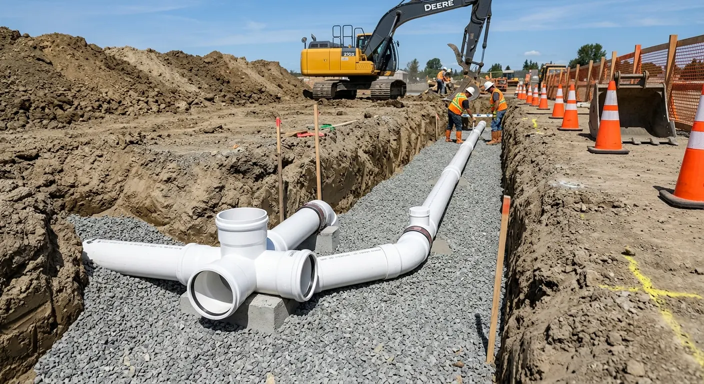 New PVC sewer pipe installation in open trench for Sewer Backup in Lenoir