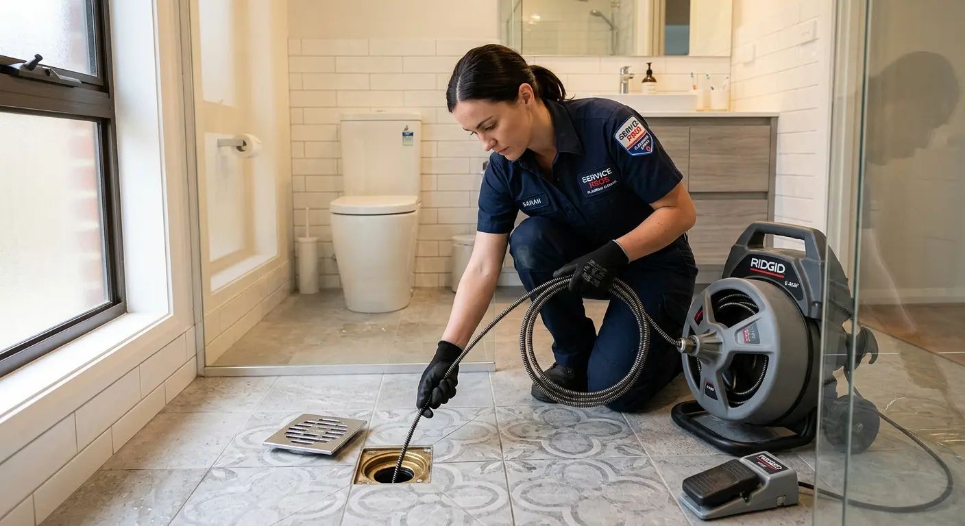 Technician clearing a bathroom floor drain for Hydro Jetting in Lenoir